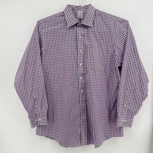 Brooks Brothers Button-Down Mens 17.5 Purple Gingham Cotton Non-Iron Slim Fit